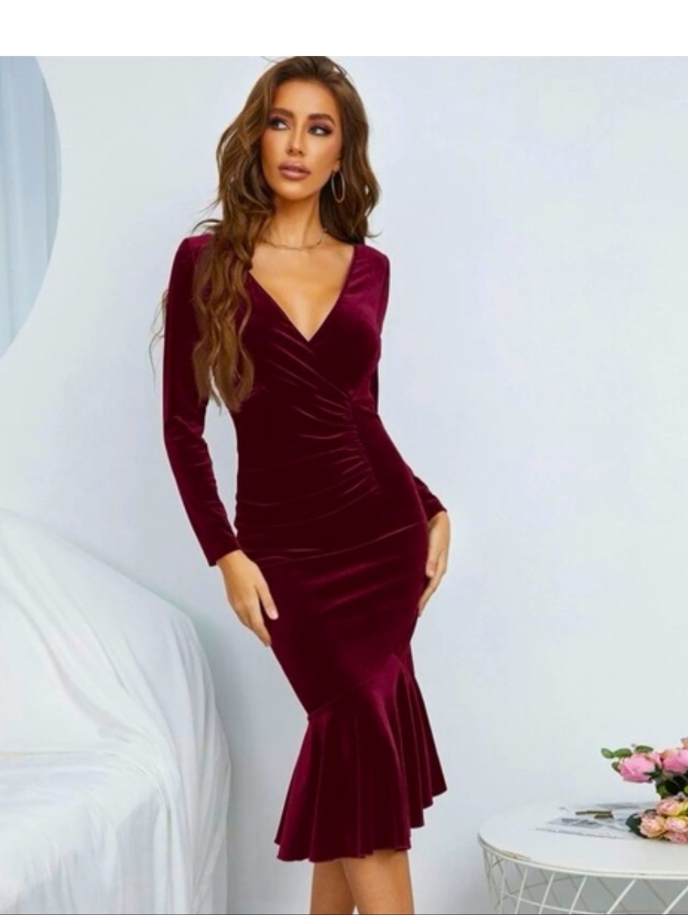Shein Long Sleeve Red Velvet Midi Dress M Flutter Hem Whimsigoth Romantic #32